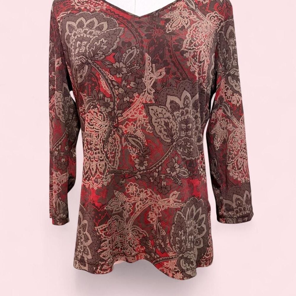 Croft & Barrow Burgundy and Brown Paisley Sheer Sleeve Blouse size m